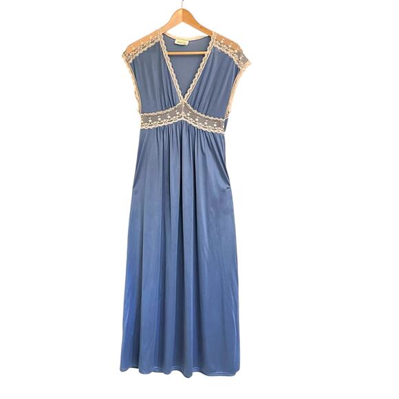 Vintage 70s 80s Nordstrom Lace Inset Long Nightgown Dress Slate Blue Romantic - Picture 1 of 7